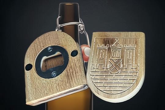 Lößnitz Wappen,Flaschenöffner,Erzgebirge,Kapselheber,Holzgriff, Bierflasche